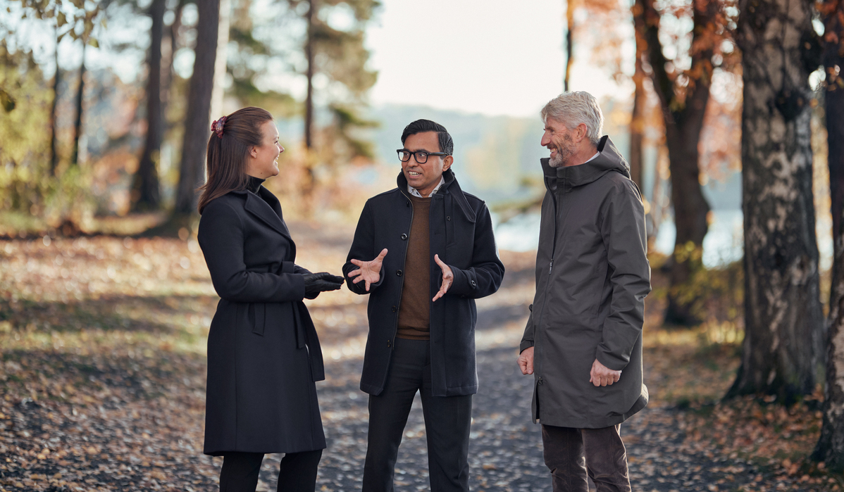 a group of people walking in a forest