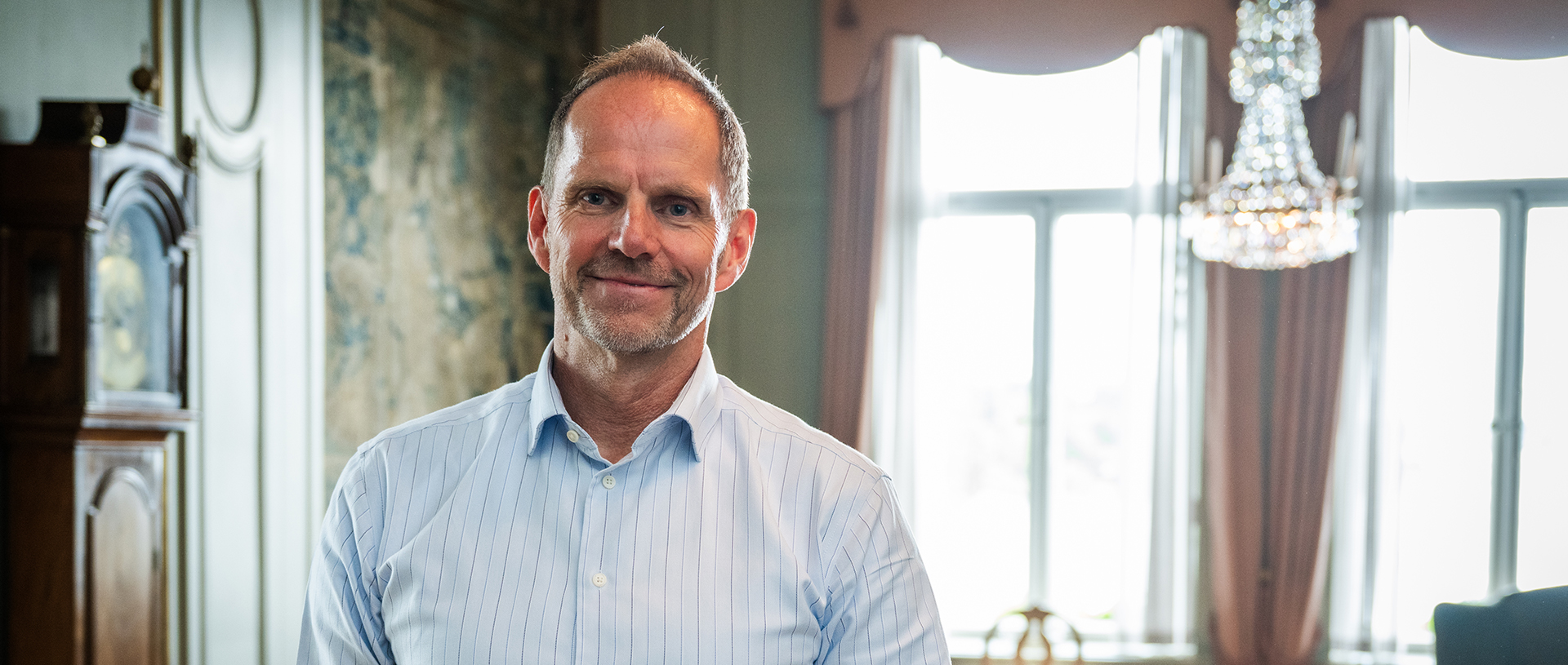 a man in a blue shirt
