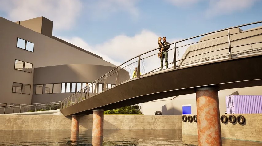 Broen er bygget i to deler på 30 meter, som er løftet opp på pelene i vannet. (illustrasjon: Leirvik)